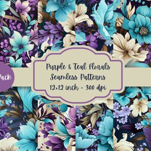 12 Purple & Teal Florals Digital Paper - SEAMLESS - Printable Papers, Seamless Repeating Background - 12 Designs - 12x12in - Commercial Use