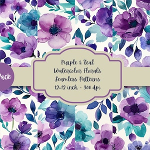 12 Purple & Teal Watercolor Florals Digital Paper, SEAMLESS Printable Papers, Seamless Repeating Background, 12 Designs ,12x12in, Commercial