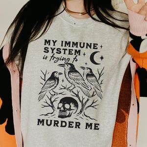 May include: A light gray sweatshirt with the text "MY IMMUNE SYSTEM is trying to" above a graphic of three crows, a skull, and the words "MURDER ME". The person is wearing a black, orange, and pink cardigan.