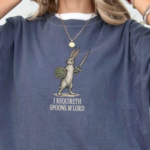 May include: A blue-grey t-shirt with a rabbit warrior illustration holding a sword and shield. The text "I Requireth Spoons M'Lord" is printed below the graphic. The shirt has short sleeves and a crew neck.