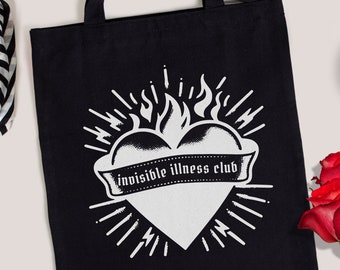 Invisible Illness Club Black Canvas Tote Bag Chronic Illness Totebag Goth Tote Bag POTS Syndrome MS Dysautonomia Fibromyalgia Endo Crohns