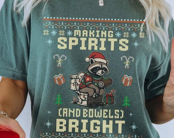 Making Spirits Bright Unhinged Ugly Christmas Shirt My Tummy Hurts Christmas Tshirt Chronic Illness Christmas  Funny Raccoon Meme Xmas Tee