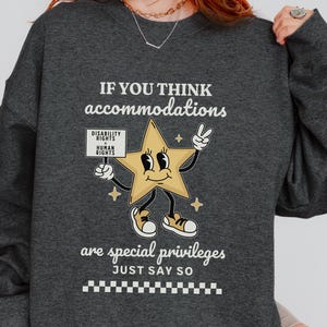 May include: Dark gray sweatshirt with the text "IF YOU THINK accommodations are special privileges JUST SAY SO." A cartoon star character holds a sign that reads "DISABILITY RIGHTS HUMAN RIGHTS."