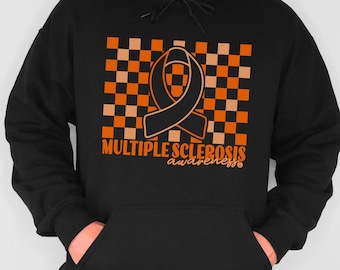 Multiple Sclerosis Supporter Hoodie | Checkered Orange Ribbon MS Awareness Sweatshirt | In March We Wear Orange For Multiple Sclerosis