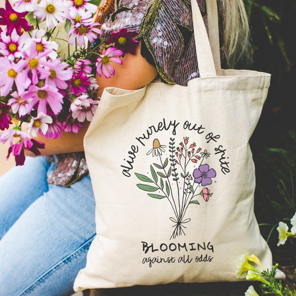 Alive Purely Out Of Spite Wildflower Tote Bag Chronic Illness Canvas Tote Bag Mental Health Anxiety Depression Emotional Support Totebag