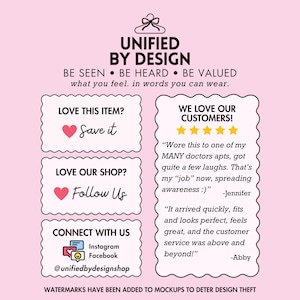 May include: A pink graphic with the text "UNIFIED BY DESIGN" and the phrases "BE SEEN, BE HEARD, BE VALUED." It includes customer testimonials and calls to action like "Save it" and "Follow Us."