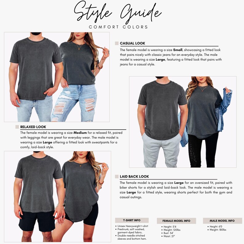 Peut inclure: Un guide de style intitul&eacute; "Style Guide COMFORT COLORS" pr&eacute;sente quatre tenues d&eacute;contract&eacute;es. Chaque tenue comprend un t-shirt unisexe de couleur gris fonc&eacute;. Le guide comprend des informations sur le t-shirt et les mensurations des mod&egrave;les.