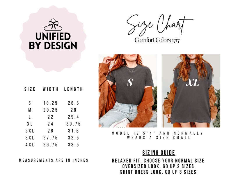 May include: Size chart for t-shirts with measurements in inches. The chart shows the width and length of each size from S to 4XL. The model is 5'4" and normally wears a size small. Sizing guide: Relaxed fit, choose your normal size. Oversized look, go up 2 sizes. Shirt dress look, go up 3 sizes.