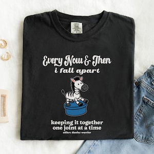 Op de afbeelding: Zwart T-shirt met witte tekst: "Every Now & Then I fall apart" en "keeping it together one joint at a time". Een cartoon zebra staat op een blauw platform. Het shirt heeft een Comfort Colors label.
