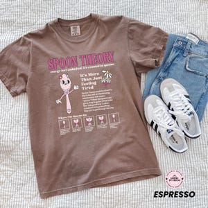 May include: Espresso-colored t-shirt with the text "SPOON THEORY" and a cartoon spoon graphic. The shirt is paired with blue jeans and white sneakers with black stripes. The text explains the concept of spoon theory.