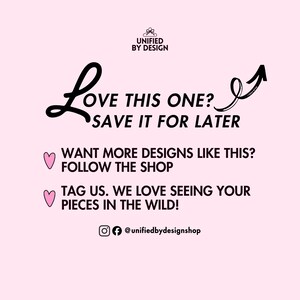 May include: A pink graphic with black text and a black arrow. The text reads "LOVE THIS ONE? SAVE IT FOR LATER." Additional text encourages viewers to follow the shop and tag them.