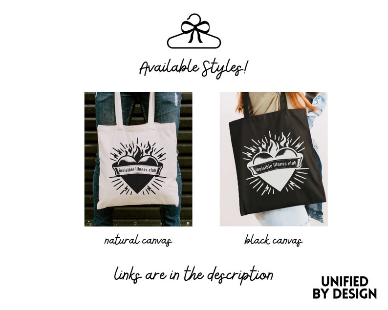 May include: Two tote bags with the text "invisible illness club" printed on them. The bags are made of natural canvas and black canvas. The text is in a black and white colour scheme.