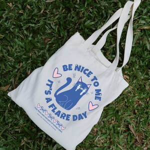 May include: White tote bag with blue and pink text that reads "Be Nice To Me It's A Flare Day". A blue cartoon cat with pink hearts and stars is crying. The text "This flare was not part of today's plan. Help me conserve my spoons" is printed below the cat.