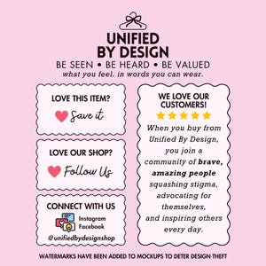 Op de afbeelding: Een roze afbeelding met "Unified By Design" en de slogan "Be Seen, Be Heard, Be Valued." Het bevat oproepen tot actie zoals "Save it" en "Follow Us", plus social media details. Het ontwerp promoot gemeenschap en zelfexpressie.