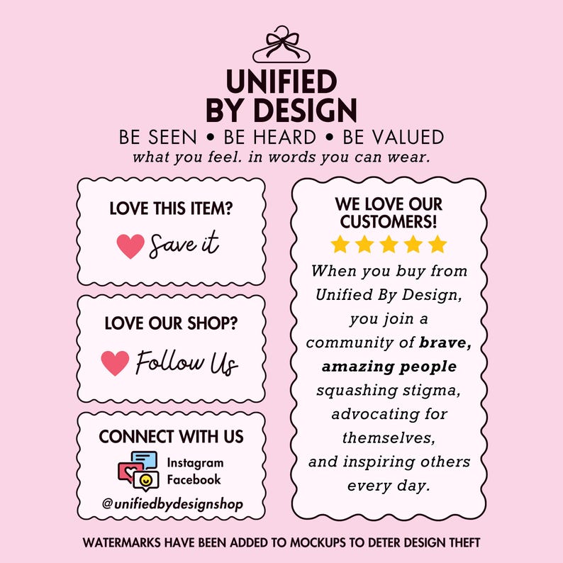 Op de afbeelding: Een roze afbeelding met "Unified By Design" en de slogan "Be Seen, Be Heard, Be Valued." Het bevat oproepen tot actie zoals "Save it" en "Follow Us", plus social media details. Het ontwerp promoot gemeenschap en zelfexpressie.