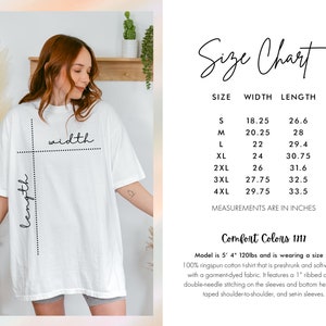 May include: A size chart for a white t-shirt with the words "Size Chart" and "Measurements are in inches". The chart shows the width and length of the shirt in inches for sizes S through 4XL. The model is wearing a size XL t-shirt and is 5'4" and 120lbs. The t-shirt is 100% ringspun cotton, preshrunk and soft-washed with a garment-dyed fabric. It features a 1" ribbed collar, double-needle stitching on the sleeves and bottom hem, taped shoulder-to-shoulder, and set-in sleeves.
