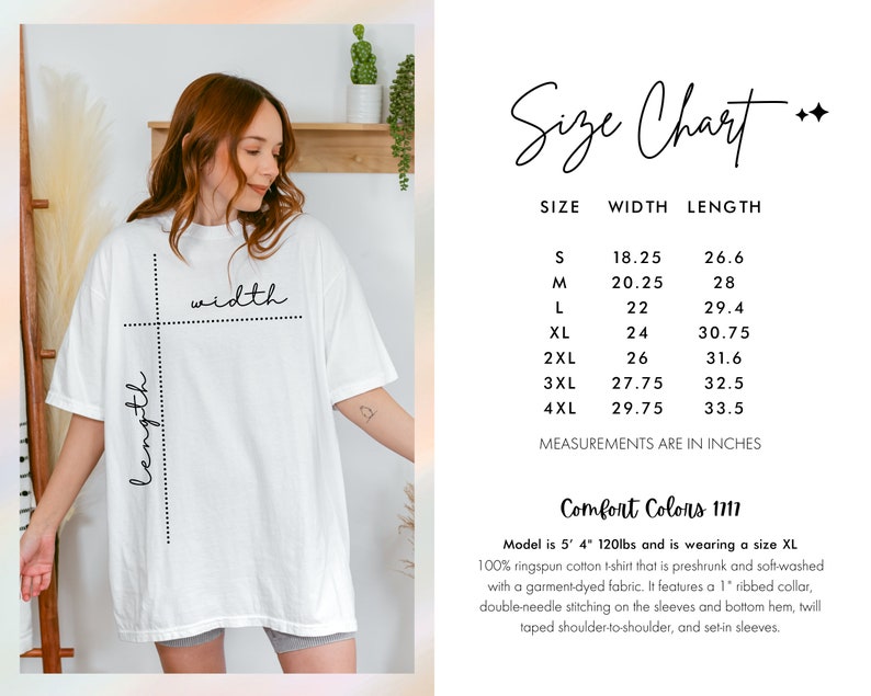 May include: A size chart for a white t-shirt with the words "Size Chart" and "Measurements are in inches". The chart shows the width and length of the shirt in inches for sizes S through 4XL. The model is wearing a size XL t-shirt and is 5'4" and 120lbs. The t-shirt is 100% ringspun cotton, preshrunk and soft-washed with a garment-dyed fabric. It features a 1" ribbed collar, double-needle stitching on the sleeves and bottom hem, taped shoulder-to-shoulder, and set-in sleeves.