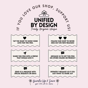 Puede incluir: Un gr&aacute;fico con el texto "&iexcl;Si te encanta nuestra tienda, ap&oacute;yanos!" en un c&iacute;rculo alrededor de una percha con el texto "Unified by Design" y las palabras "Trendy. Original. Unique." debajo. El gr&aacute;fico tambi&eacute;n incluye cuatro cuadros con texto e iconos, como un coraz&oacute;n, un avi&oacute;n de papel, un globo de di&aacute;logo y dos corazones. El texto en los cuadros anima a los clientes a mostrar su amor por la tienda, compartir art&iacute;culos con amigos, enviar mensajes con solicitudes especiales y seguir la tienda para las nuevas publicaciones. El gr&aacute;fico tambi&eacute;n incluye el texto "Bundle Up & Save" con las palabras "get 15% off 2+ items" debajo.