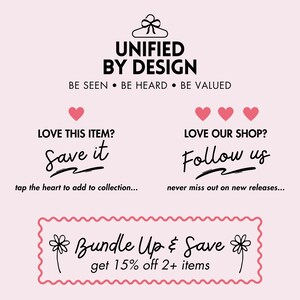 May include: Pink and black graphic with the text "UNIFIED BY DESIGN" and the tagline "BE SEEN BE HEARD BE VALUED".  The graphic also includes the text "LOVE THIS ITEM? Save it" and "LOVE OUR SHOP? Follow us".  The graphic also includes a pink and black banner with the text "Bundle Up & Save get 15% off 2+ items".
