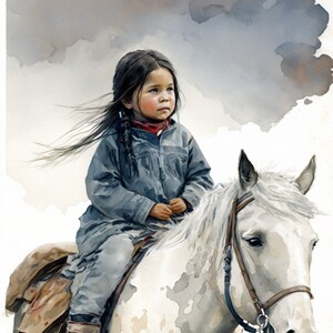May include: A young girl with long dark hair wears a blue jacket and rides a white horse. The horse has a brown leather saddle and bridle. The girl is looking off to the side, and the horse is standing in a field of long grass.