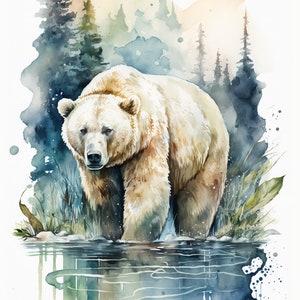 Puede incluir: Pintura a la acuarela de un gran oso pardo claro de pie en el agua. El fondo presenta un bosque y montañas. La obra de arte tiene una paleta de colores suave y natural.
