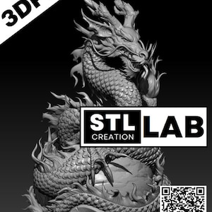 May include: A detailed 3D printed model of a coiled dragon with intricate scales and a fierce expression. The dragon is holding a pearl in its claws. The model is labeled "STL Creation Lab".