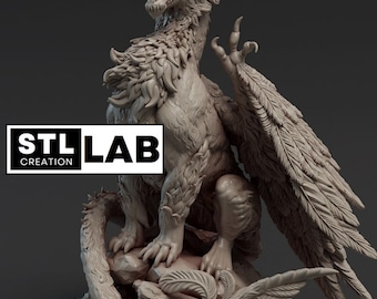 May include: A detailed 3D printed model of a winged creature with antlers, a long tail, and a fierce expression. The model is posed sitting on a rocky base and is printed in a light gray color. The text "STL CREATION LAB" is visible at the bottom of the image.