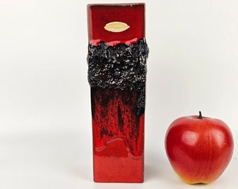 A West German rectangular Fat Lava vase made by Kreutz keramik. The vase is red and black and is numbered: 423.