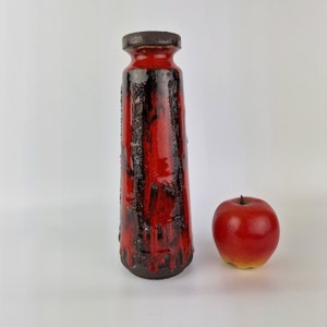 A West German Fat Lava vase made by Ruscha. The vase is red and black, Costa decor.