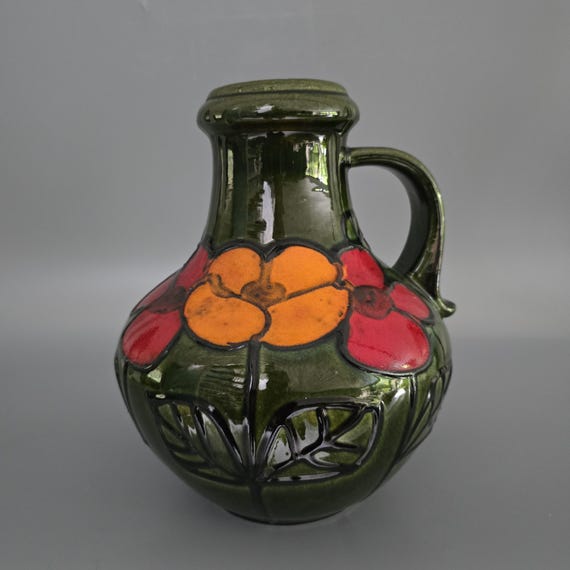 Vintage West German Fat Lava Vase. Scheurich, Green With Red and