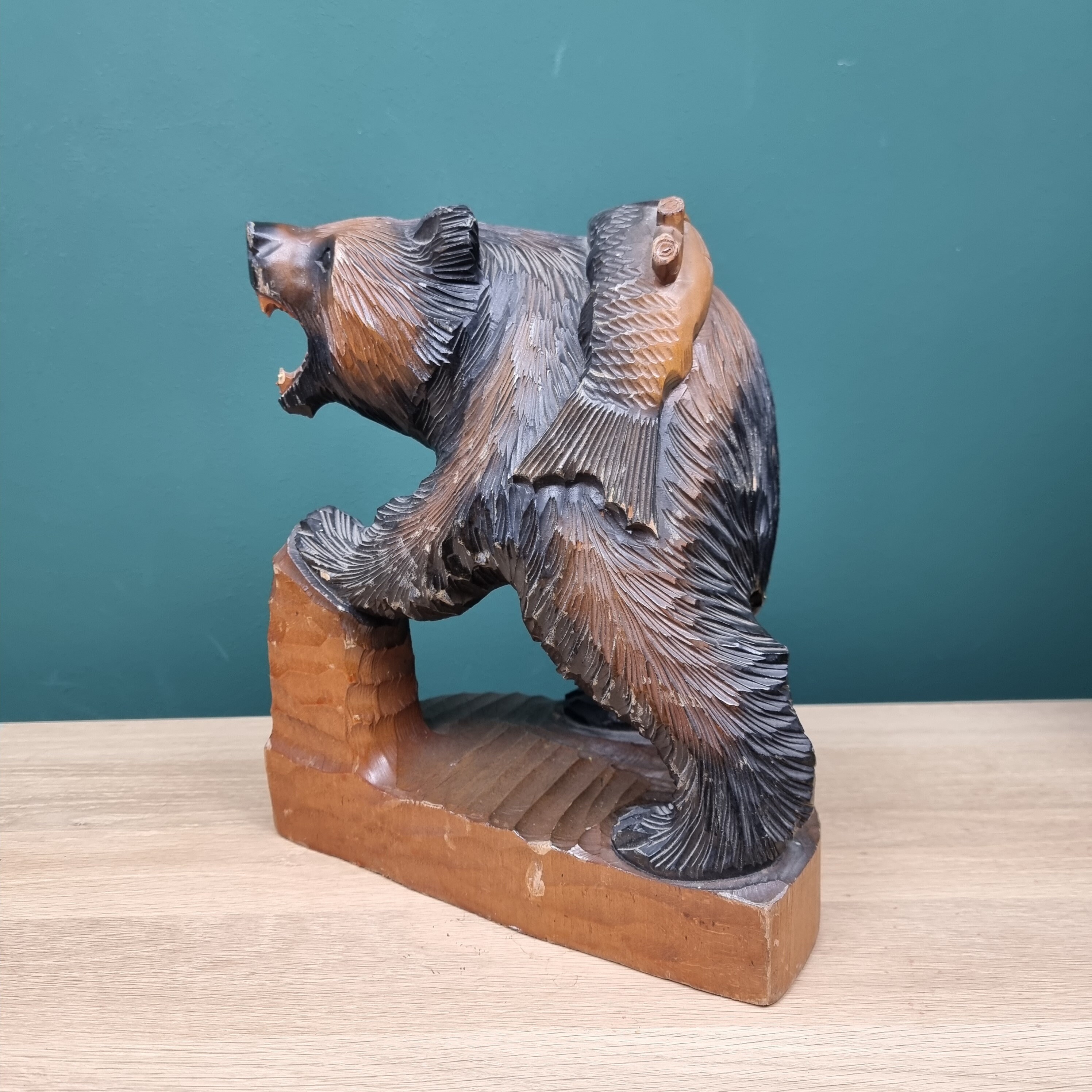 Vintage Japanese Ainu Bear With Fish. Hand-carved Wooden