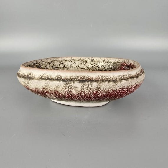 Vintage West German Fat Lava Bowl. Karlsruhe Majolica. Red and