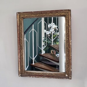 Antique French Mirror with Gold-Colored Wooden Frame – Approx. 60 x 49 cm – Original Wall Mirror. Rectangular.