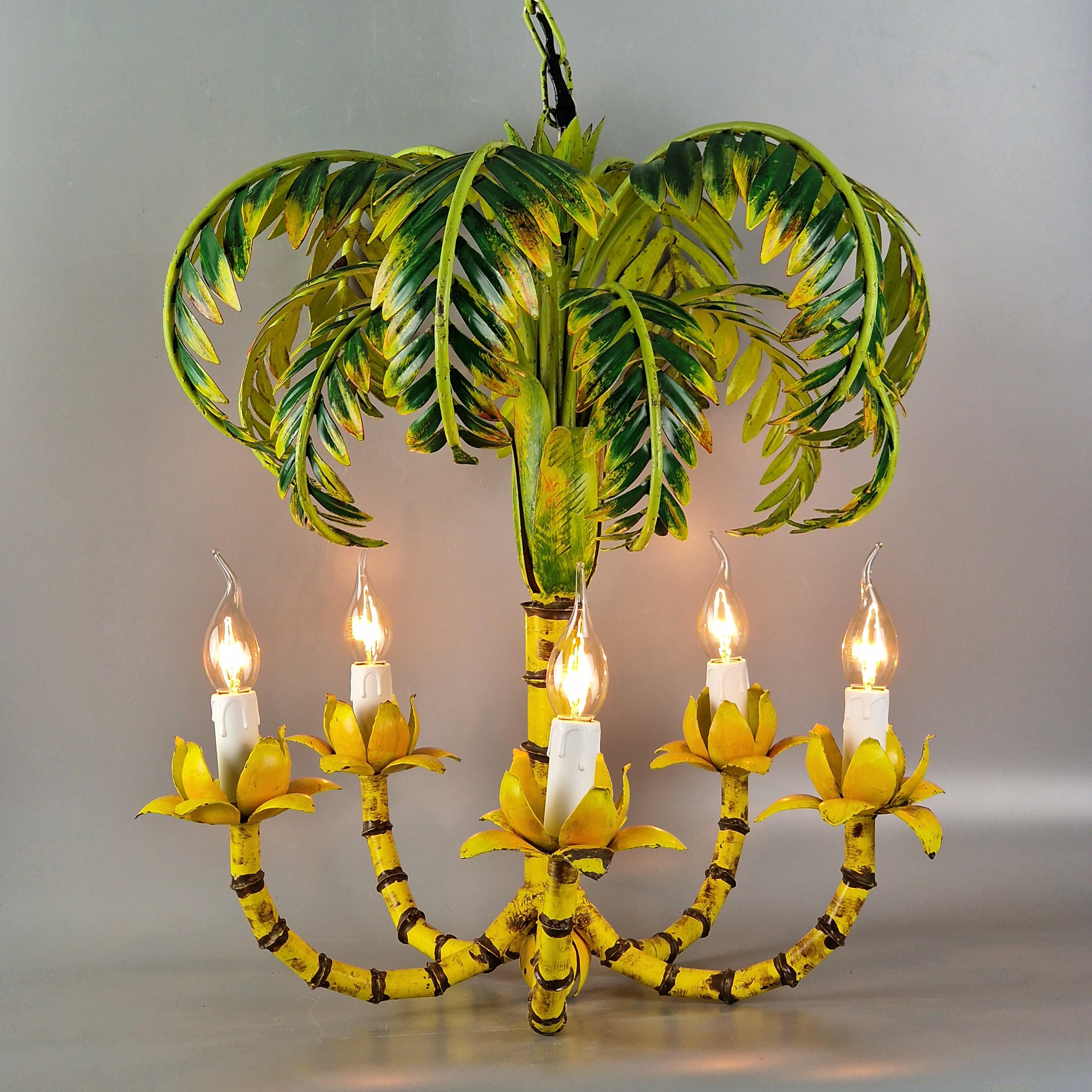 Vintage Palm Tree Chandelier – Faux Bamboo, Metal, 5 Arms