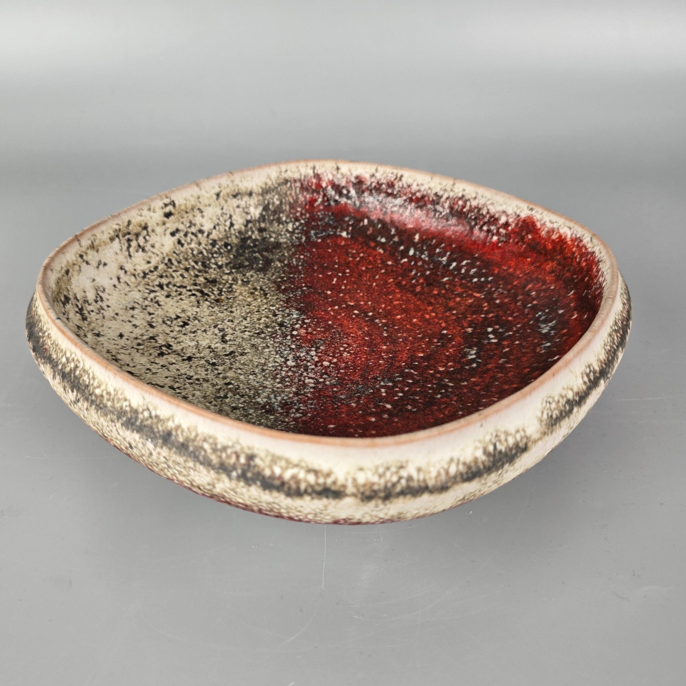 Vintage West German Fat Lava Bowl. Karlsruhe Majolica. Red and