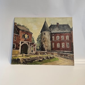 Hermosa pintura al óleo hecha a mano de un castillo francés "Château de Hermalle-sous-Huy", por Léon Geudvert, década de 1950.
