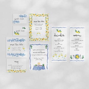 CANCELLERIA PER MATRIMONI DA 8 PEZZI - Dipinto a mano, Matrimonio europeo, Italia, Costiera Amalfitana, Positano, Destinazione, Illustrazione ad acquerello, Loto bianco