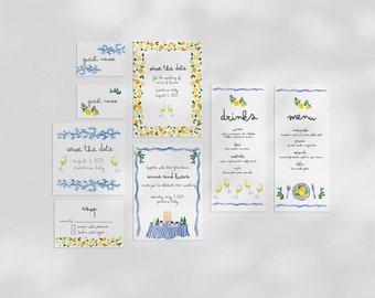 May include: A set of watercolor wedding invitations with a lemon theme. The invitations include save the dates, RSVP cards, a menu, and a drinks list. The invitations are decorated with lemons, leaves, and blue and white floral designs.