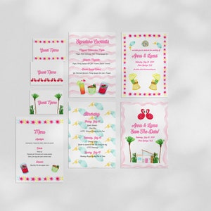 8 PIECE STATIONARY SET - Colorful Palm Springs Wedding, Hand painted Watercolor Illustrations, With Itinerary, Menu, Invite and Place Cards