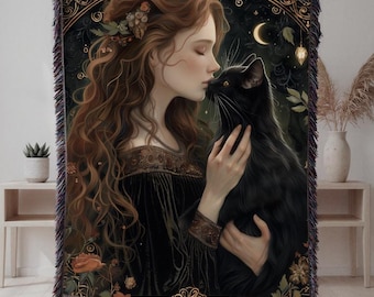 Witch Tapestry Black Cat Wall Hanging  |  Mystical Witchwoven | Wiccan Gothic Decor