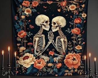 Skelett Liebhaber Wandteppich | Gothic Romantisches Paar Blumen Wandbehang | Ewige Liebe Kunst | Dark Academia Dekor
