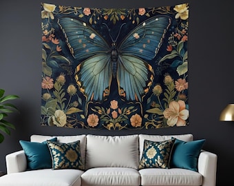 Vintage Blue Butterfly Tapestry | Elegant Floral Wall Hanging | Bohemian Art | Floral  Botanical Decor