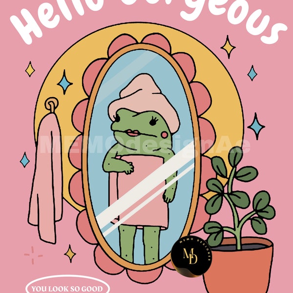 Girly Frog Self Love Wall Print Png, Positivity Hello Gorgeous Quote, Pink Retro Posters, Bathroom Y2K Poster Prints, Dorm Room Decor Design