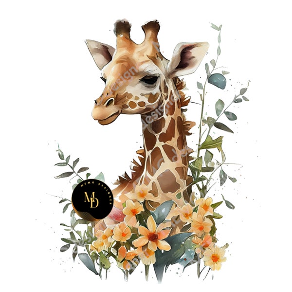 Floral Giraffe Png Sublimation Design, Giraffe Portrait Png, Giraffe Clipart, Safari Animals Png Downloads, watercolor paint