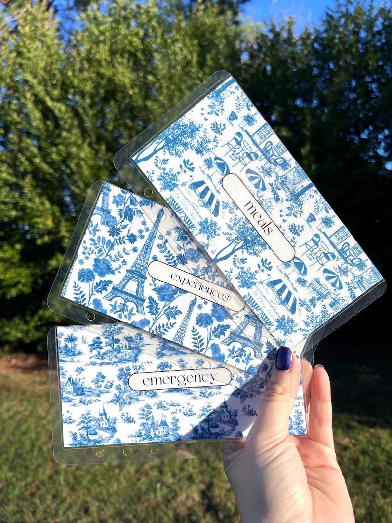 K&ouml;nnte beinhalten: Drei transparente Plastik-Taschen mit blauen und wei&szlig;en Toile-Muster-Eins&auml;tzen. Die Taschen haben L&ouml;cher f&uuml;r einen Ordner. Die Taschen sind mit "Mahlzeiten", "Erlebnisse" und "Notfall" beschriftet.