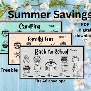 Summer Saving- 3 Savings trackers for Summer. Fits A6 Envelope, Cash Stuffing
