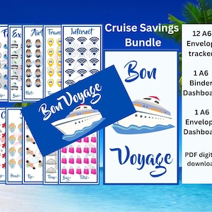 Cruise/Vacation Savings Bundle. 12 Savings Trackers, 1 A6 Binder Dashboard and 1 A6 Envelope Dashboard. cash stuffing All in one.