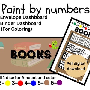 May include: A printable paint-by-numbers activity featuring a bookshelf with books. The activity includes a colour key with six colours and corresponding numbers. The text "BOOKS" is featured on the image. The image is labelled as a PDF digital download.