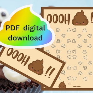 May include: A printable PDF download of an "OOOOH!!" poop emoji themed game. The game features a grid of poop emojis with one different. The printable is perfect for a party or game night.
