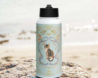 Botella de agua de acero inoxidable con diseño de gato Art Nouveau en color menta / Regalo de cumpleaños para amantes de los gatos — Regalo de graduación por menos de 30 dólares